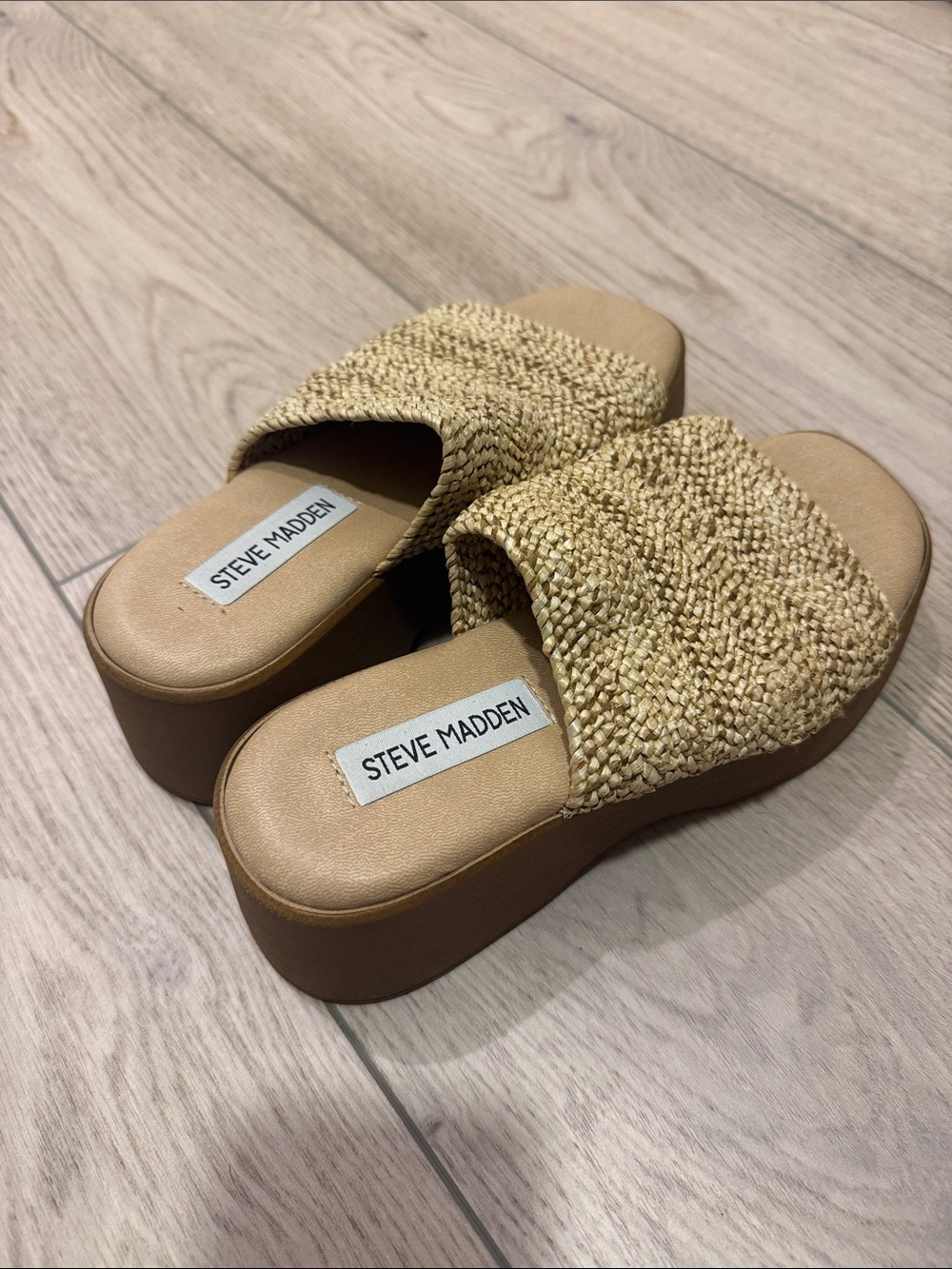 Steve Madden Tan Woven Platform Slide Mules